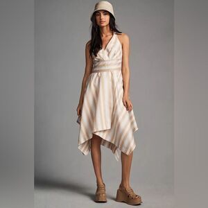 NEW Anthropologie Maeve Tan White Striped Asymmetrical Shirt Dress Size 8
